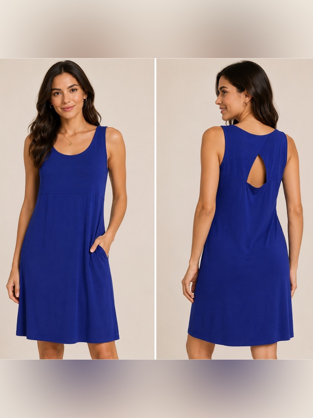 Eileen Fisher Blue Sleeveless Jersey Dress XL Rayon Lycra Keyhole Back Casual